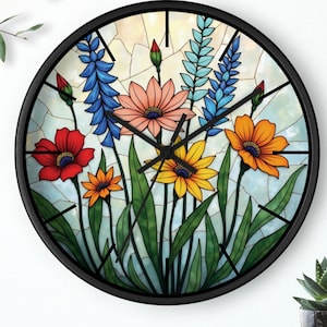Floral Stained Glass Wall Clock Floral Image for living room wall decor vibrant kitchen clock gift for new home silent wood clock Stainglass