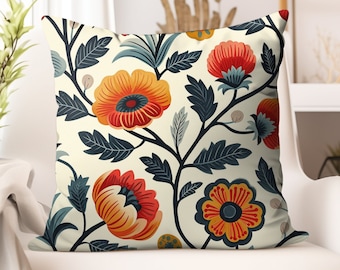 Square Pillow Scandinavian folk art floral orange blue accent pillow Bedroom Decor throw pillow folk art accent pillow living room pillow