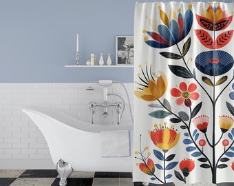 Scandinavian floral Shower Curtain cottage core folk art shower curtain rosemale Nordic floral folk art shower curtain hygge bathroom decor