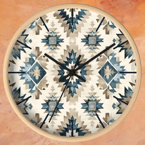 Southwestern Wall Clock blue and grey geometric Aztec design wall decor clock Navajo art inspired wall clock western clock gift for new home