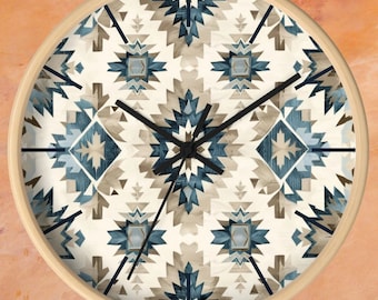 Southwestern Wanduhr blau und grau geometrische aztekische Design Wanduhr Uhr Navajo Kunst inspirierte Wanduhr westliche Uhr Geschenk für neues Zuhause