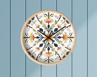 Scandinavian Rosemaling Wall Clock folk art with peach and green tones minimalist wall decor clock Nordic wall clock gift for new home room