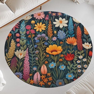 Round Rug Scandinavian wild flower area rug floral folk art area rug living room rug black entry way rug Home Decor rug 5ft Circle rug gift