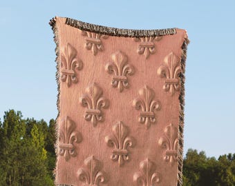 Golden Fleur-De-Lis Vintage Image Woven Cotton Blankets royal  pattern French elegance cozy warm  throw tapestry