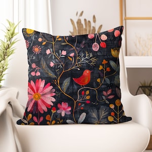 Scandinavian folk art Square Pillow black floral throw Pillow Nordic accent pillow floral accent throw pillow Bedroom Decor pillow decor