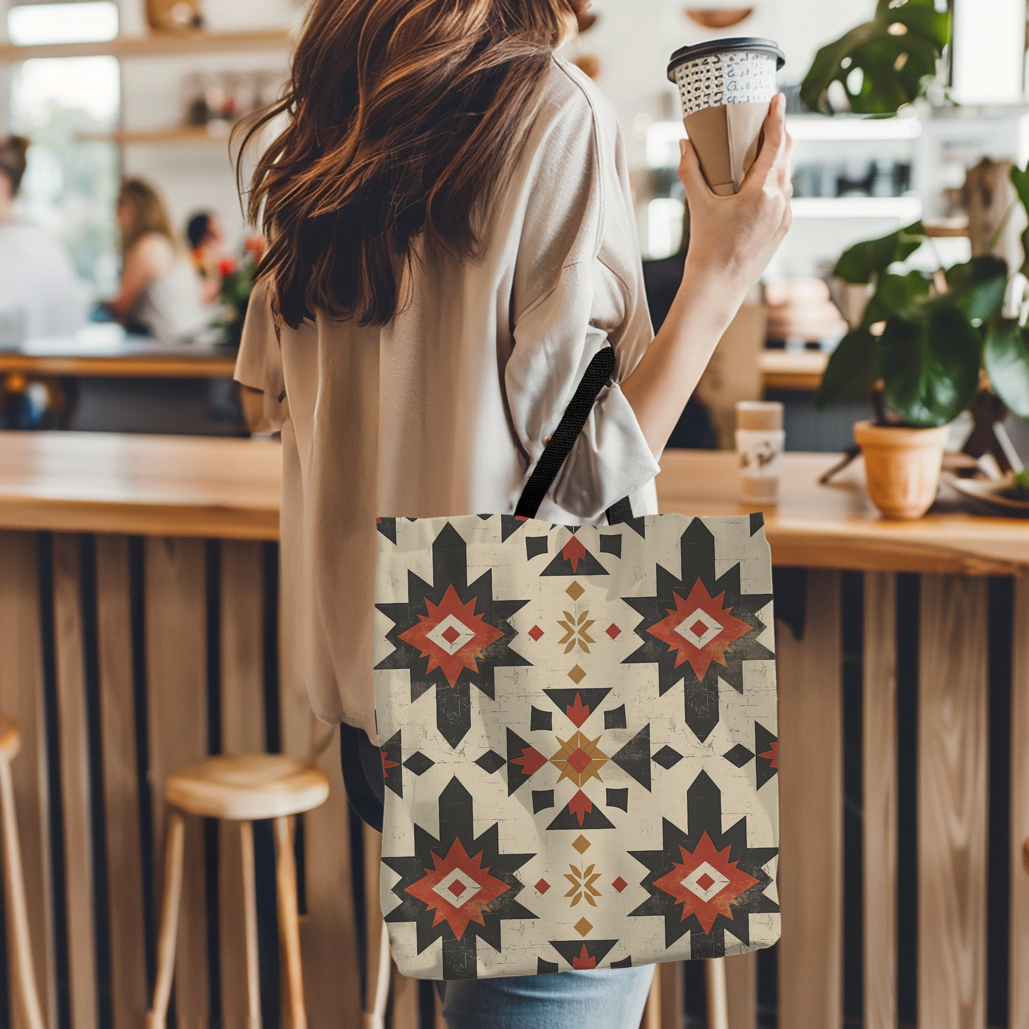 Vintage Southwestern Woven Wool Backpack Cream Black Geometric Sun Folk Art Bag Cream & Olive Western Duffel Bag - Weekender - Cotton & Wool  main image 3