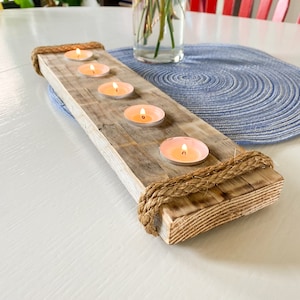 Handmade rustic wood candle holder reclaimed wood candle decor 5 tealight centerpiece wedding decor new home gift for hostess wood feature