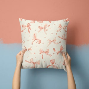 Coquette Square Pillow pink bow throw pillow pink coquette accent pillow coquette aesthetic Bedroom Decor pink bow living room pillow cream