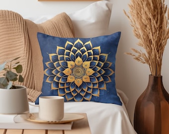 Square Mandala Pillow blue gold mandala throw pillow floral accent pillow mandala bedding decor pillow living room decor pillow gift for mom