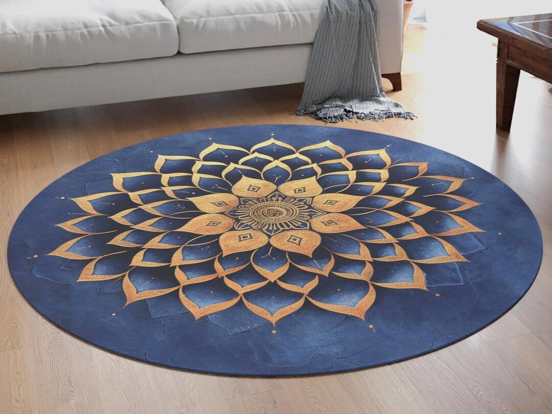 Round Area Rug Golden Mandala Design Navy Blue Mandala Design 5ft ...