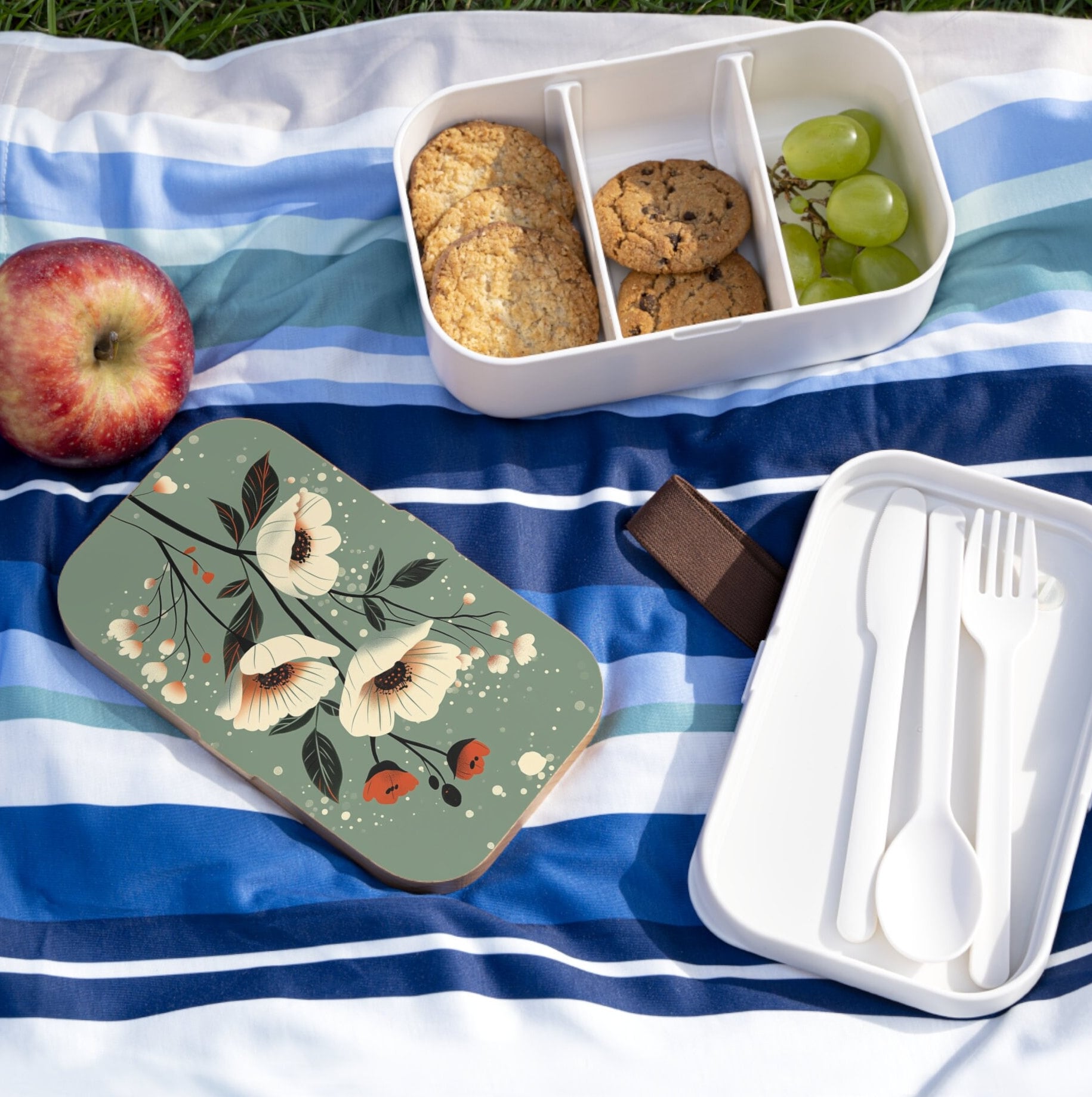 【新品未使用】PICTURE　フラワー柄　 EBI BENTO SET Floral Bento Lunch Box Olive Green and White Flower Art Lunch Box