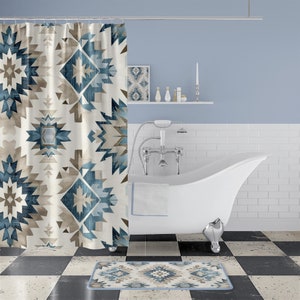 Modern South Western Shower curtain blue grey Navajo shower curtain modern western blue bath curtain Native American bathroom Decor Aztec