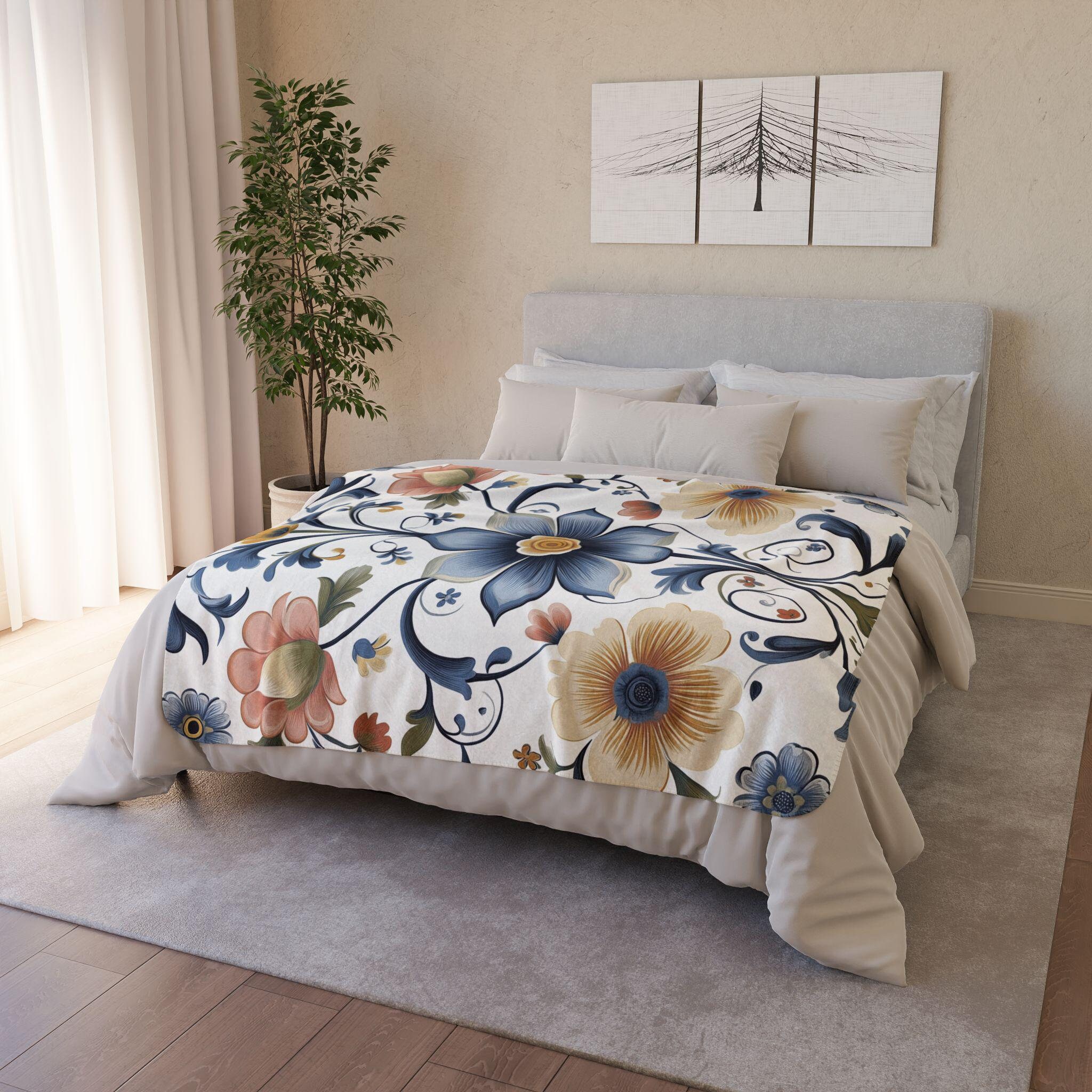 Scandinavian Rosemaling Sherpa Blanket Blue and Peach Tones Cozy