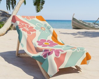 Retro Pastel Beach Towel Wavy Floral Orange with Light Blue Pink flower towel Retro Wave Pattern beach decor towel Mid-Century Modern gift