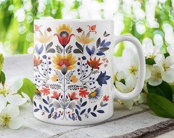 Tazas de café con motivos florales escandinavos de 11 oz, 15 oz y 20 oz, acogedora taza de café Hygge Living, regalo de arte popular nórdico para ella, elegante sueco, danés y noruego