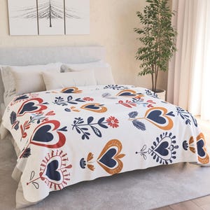 Scandinavian Heart Sherpa Blanket Blue red heart cozy blanket Nordic gift for her folk art heart blanket Minimalist blue heart Throw blanket