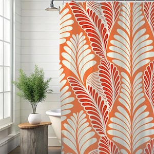 Oranje douchegordijn in mid-century modern stijl met abstract botanisch bladmotief. Een perfect cadeau voor haar, ideaal voor de badkamer of een nieuw huis. Een boho-cadeau voor een nieuw huis.