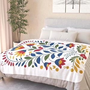 Scandinavian Floral Sherpa Blanket vibrant floral blanket cozy Nordic throw blanket gift for colorful Scandinavian Folk Art Throw blanket