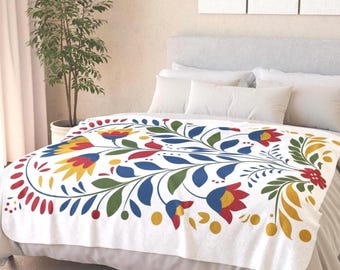 Scandinavian Floral Sherpa Blanket vibrant floral blanket cozy Nordic throw blanket gift for colorful Scandinavian Folk Art Throw blanket