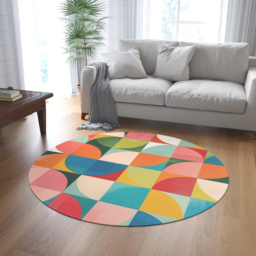 Vibrant Retro Round Rug Abstract Colorful Area Rug Fun Retro Living ...