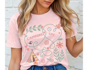 Campers Life Tee Shirt Camping Shirt Whimsical Doodle Shirt Women's Outdoor Pastel T-shirt Minimalist Doodle Camp Shirts Cute Gift for her