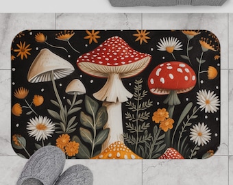Bath Mat Scandinavian Wild Mushroom folk art bath mat forestcore black mushroom rug Scandinavian folk art bathroom decor bath mat mushroom