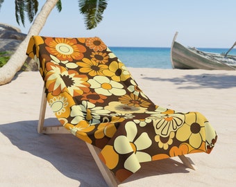Retro Brown and Orange Floral Beach Towel 60's 70's flower towel beach decor abstract floral pool towel midcentury modern beach towel Gift
