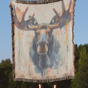 Watercolor Moose Image Woven Cotton Blankets rustic wildlife blanket cozy outdoorsmen blanket cabincore style gift for cabin dorm gift