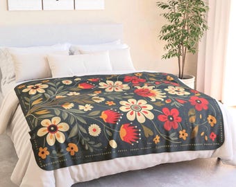 Scandinavian dark floral Sherpa Blanket cozy floral dark tone blanket Nordic gift for her blanket Scandinavian forest core floral folk throw