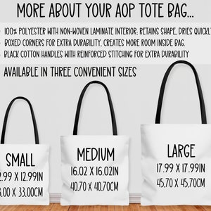 May include: White tote bags in three sizes: small (12.99 x 12.99 inches), medium (16.02 x 16.02 inches), and large (17.99 x 17.99 inches). Each bag has black handles. The bags are made of 100% polyester with a non-woven laminate interior.