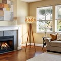 Mid century modern floor lamp wood floor lamp floral beige minimalist lamp for living room orange flower pattern retro design tripod lamp