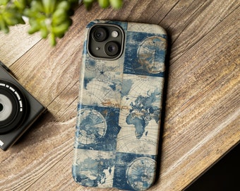 May include: A smartphone case with a vintage map design in shades of blue and beige. The case features a collage of map sections, compass roses, and geographical details. The case is on a wooden surface.