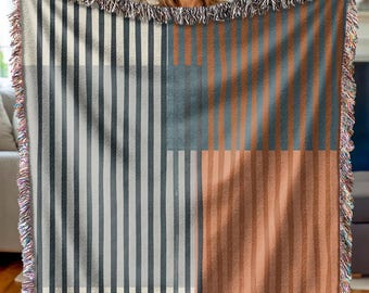 Mid Century Modern Woven Blanket abstract home decor black stripe beige throw blanket gift for her striped midcentury blanket retro orange