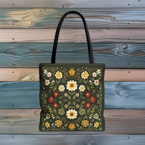 Scandinavian floral green Tote bag folk art forest core tote bag Nordic flower reusable bag floral Danish tote bag gift for dark green folk