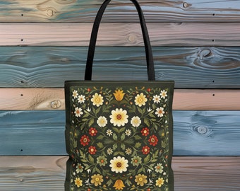 Skandinavische Blumen wiederverwendbare Tasche Folk Kunst Waldkern Einkaufstasche Geschenk für dunkelgrüne Leute