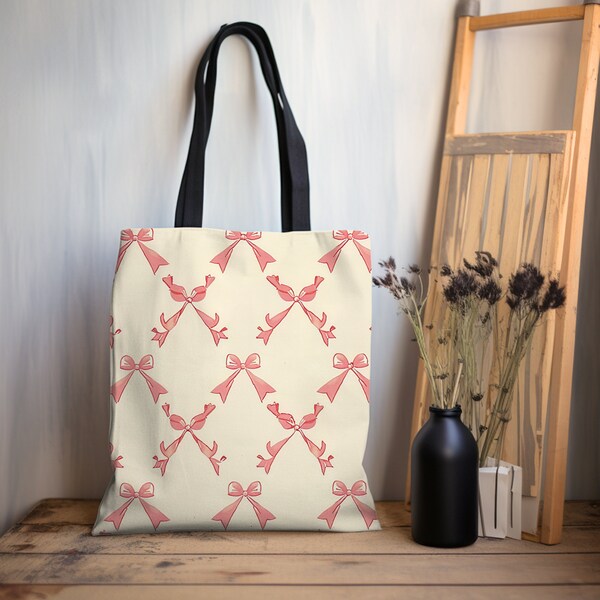 Coquette Pink bow diamond pattern Tote Bag gift tote bag coquette pink tote custom tote bag pink bow tote gift for mom coquette aesthetic