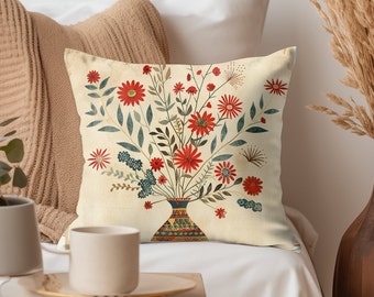 Square Pillow Japandi art floral red beige accent pillow Bedroom Decor throw pillow Nordic wabi sabi art accent pillow living room pillow