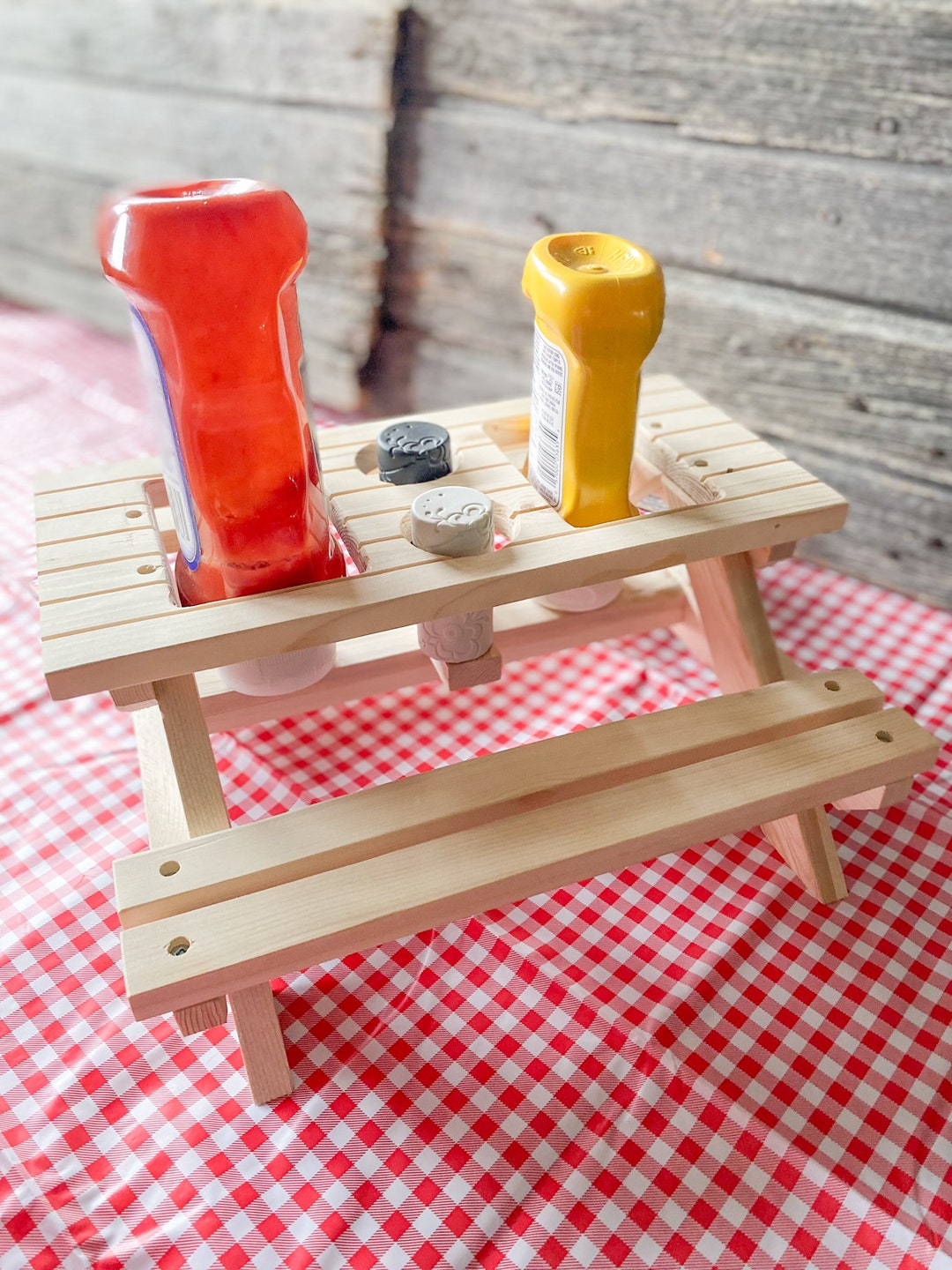 Handmade Wood Condiment Picnic Table Ketchup Mustard Caddy Bbq Picnic