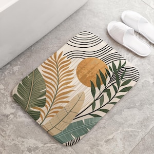Boho Bathmat abstract tropical leaf pattern bathroom decor Midcentury Modern aesthetic bath mat giftful shower mat gift for her botantical