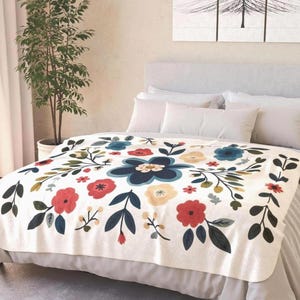 Scandinavian folk art Sherpa Blanket with red green floral for cozy Hygge Living blanket a gift for her Nordic folk throw blanket minimalist