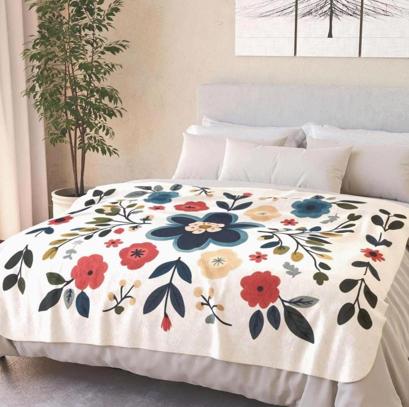 Scandinavian folk art Sherpa Blanket with red green floral for cozy Hygge Living blanket a gift for her Nordic folk throw blanket minimalist
