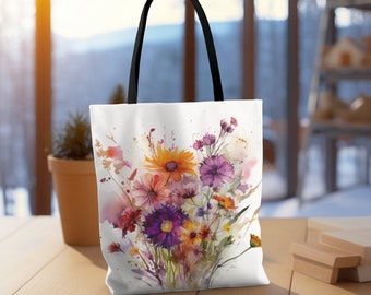 Watercolor floral Tote bag vibrant pink purple fresh wild flower tote reuseable bag floral tote grocery bag vibrant summer beach bag tote