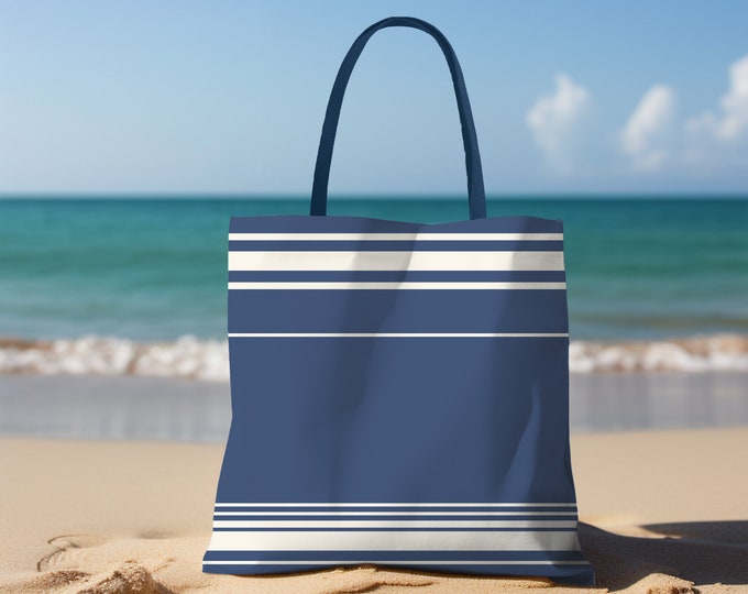 Navy Blue Stripe Tote Bag white striped tote bag mid century modern stripe tote bag gift for her tote bag chic elegant minimalist tote bag