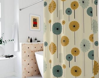 Cortina de chuveiro moderna de meados do século XX, decoração abstrata para banheiro, cortina de banho em tons terrosos bege, presente para ela, cortina de chuveiro retrô com estampa floral abstrata.