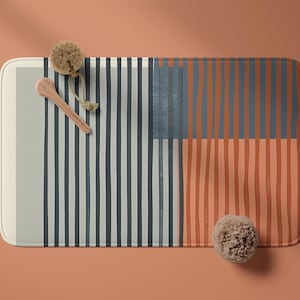 Mid Century Modern Bath Mat abstract bathroom decor black stripe beige bathmat gift for her striped midcentury mod shower mat retro orange