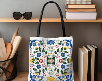 Scandinavian folk art Tote Bag gift for her spring tote bag green blue floral tote custom tote bag Nordic art tote bag vibrant gift for mom