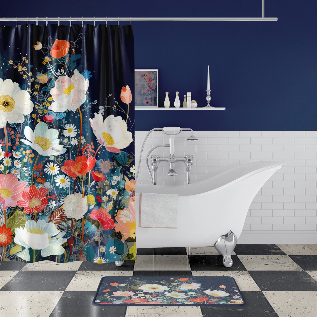 Japandi Art Shower Curtain Floral Black Japandi Decor Bath Curtains