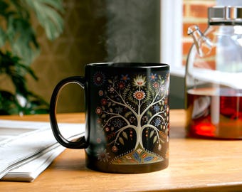 Taza negra de 11 oz, taza de café de arte popular escandinavo con árbol de la vida, taza de té nórdica, taza de café danesa, taza de arte popular escandinavo, regalo, taza de café, regalo