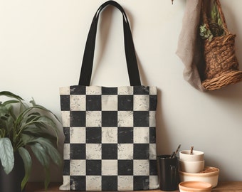 Bolsa de mano con cuadros envejecidos, regalo para bolso de mano con cuadros en blanco y negro, bolso de mano con cuadros retro, bolso de mano retro personalizado, bolso de mano con cuadros reutilizable, moderno de mediados de siglo.