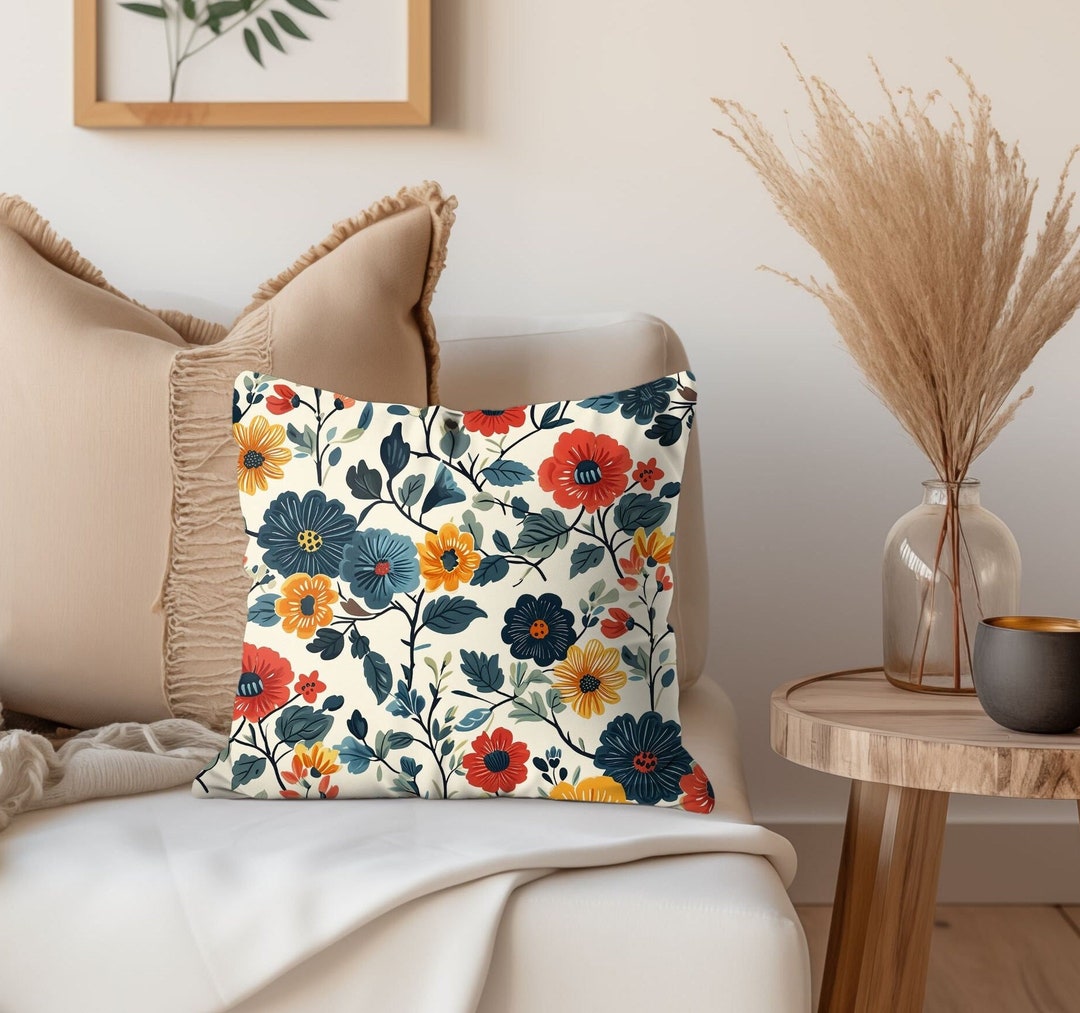 Square Pillow Floral Scandinavian Folk Art Throw Pillow Nordic Floral Accent Pillow Bedroom Decor Danish Living Room Pillow Design Bedding Etsy